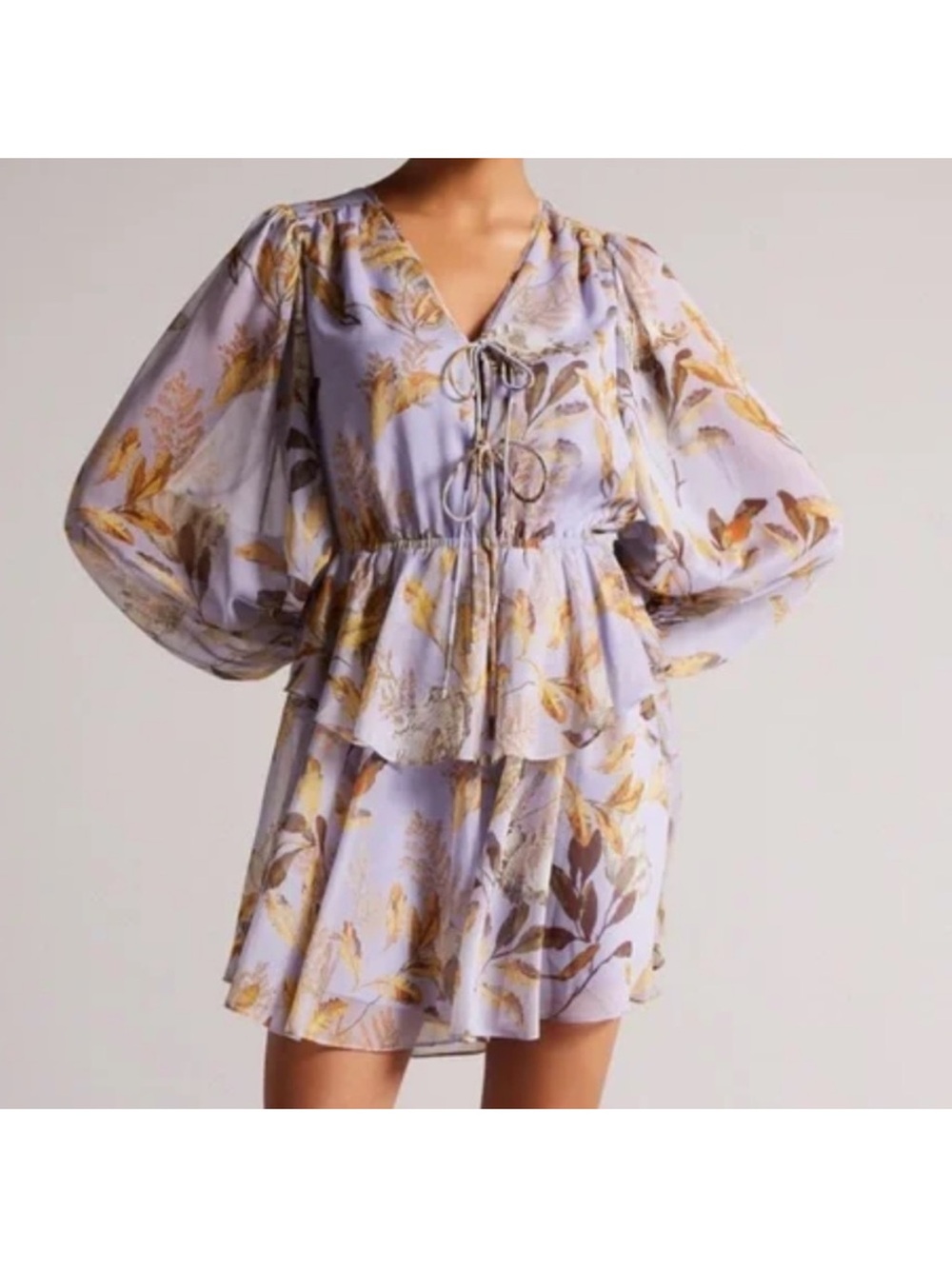 Ted Baker London Lavender Floral Tie-Front Tiered Mini Dress